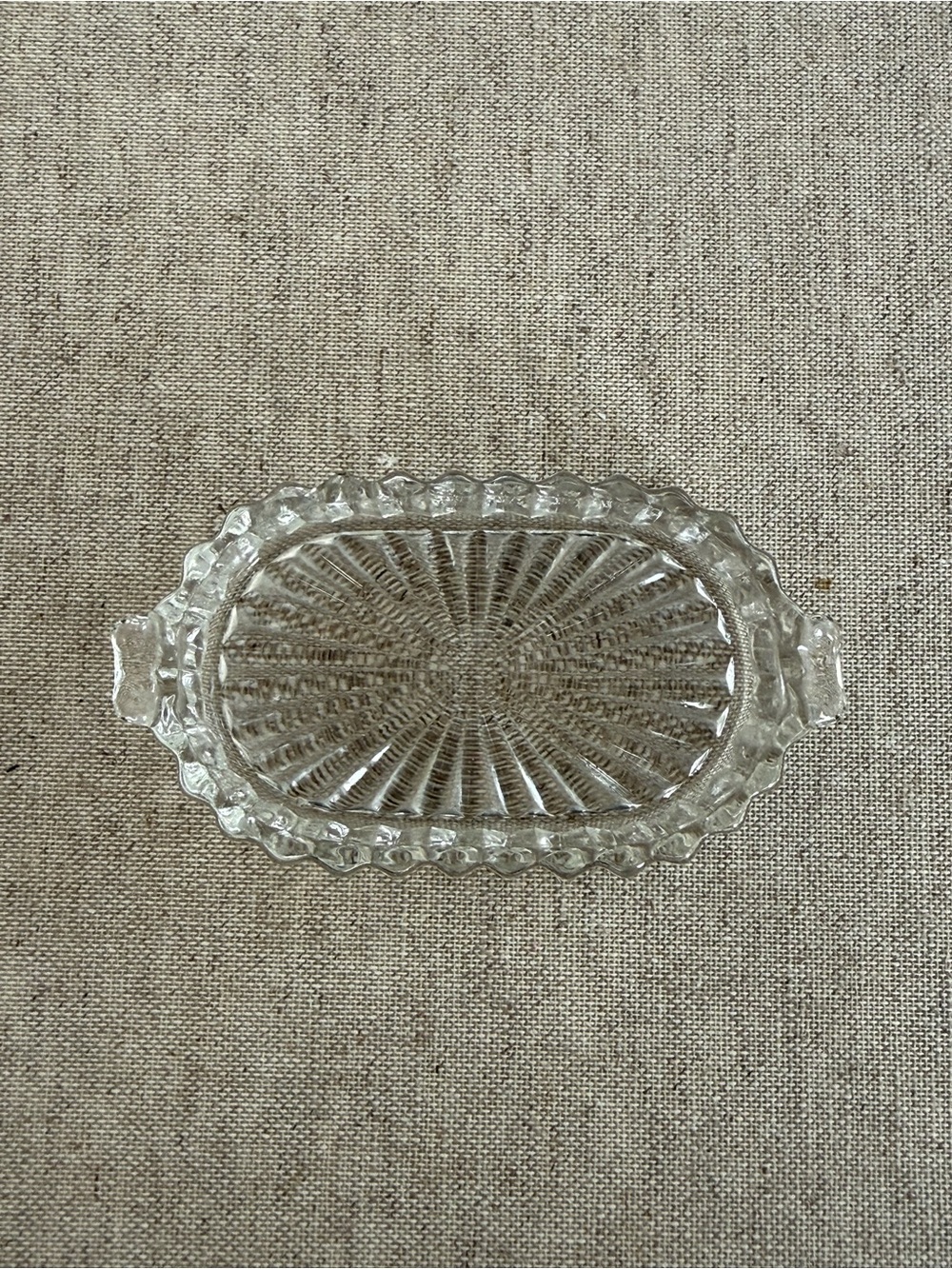 Vintage Clear Pressed Glass Oval Trinket Dish Sunburst Handles